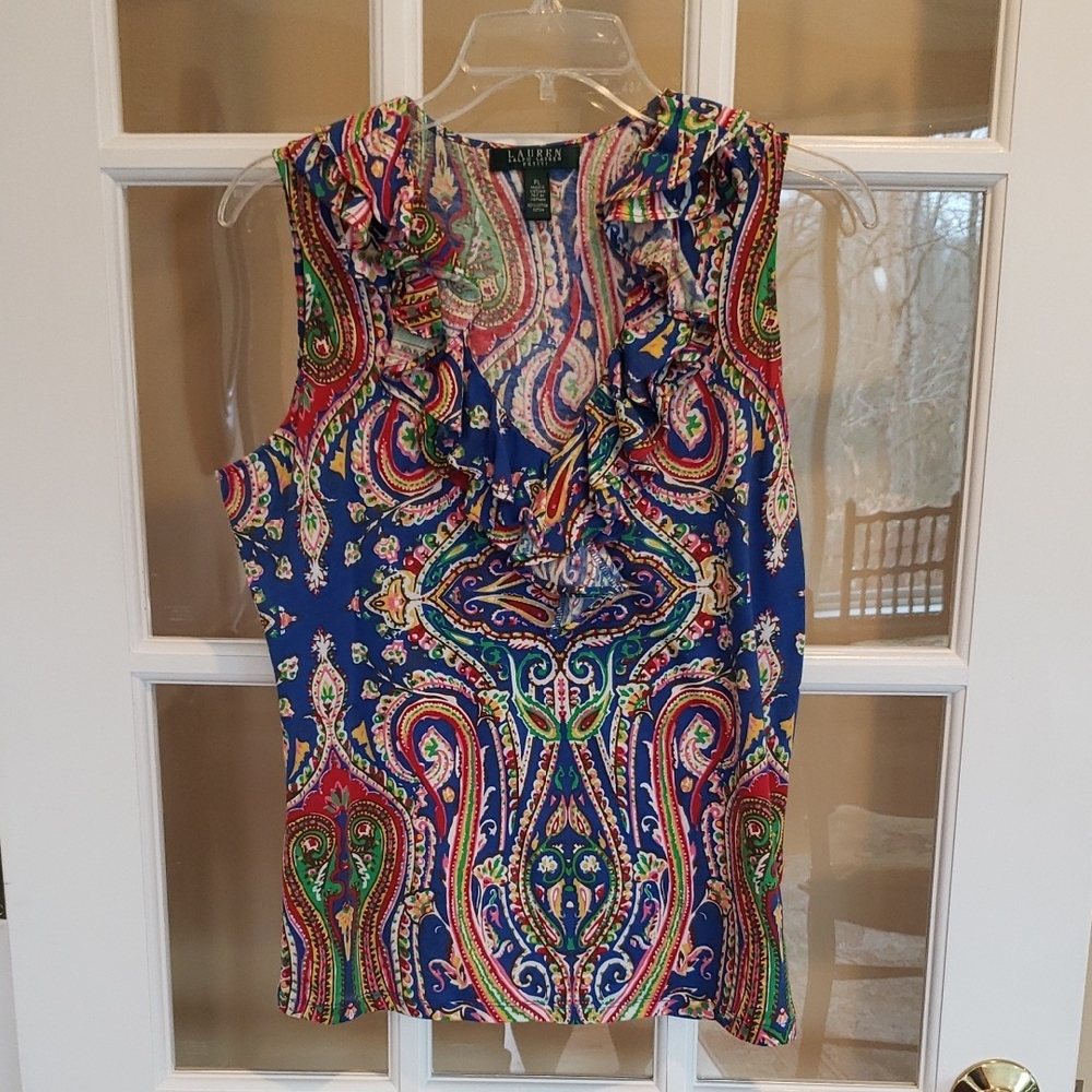 Ralph Lauren Multicolor Paisley Ruffled V-neck Sleeveless Top Size: LP